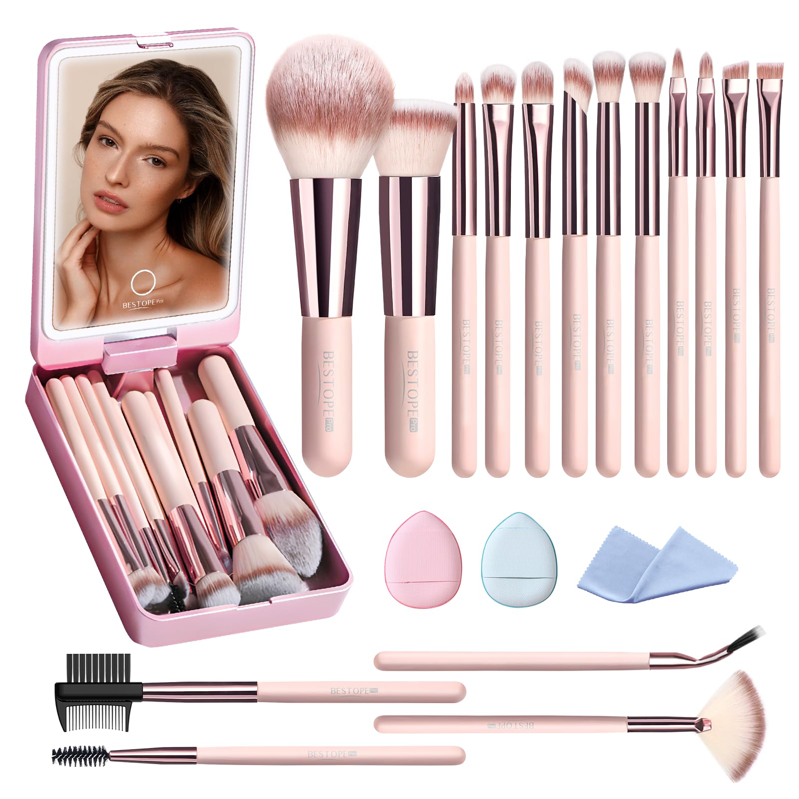 BESTOPE PRO makeup brush set in case with LED mirror for organized on-the-go application.