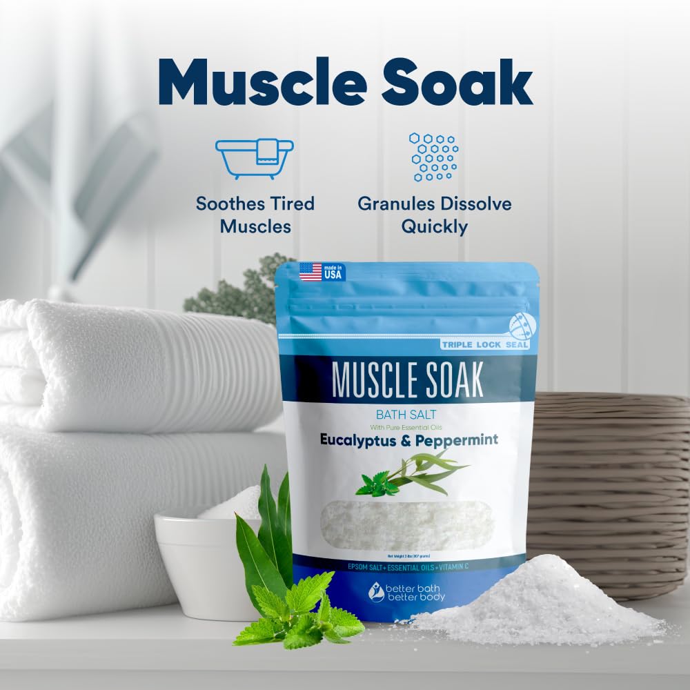 Better Bath Better Body Muscle Soak, envase sin BPA para almacenamiento seguro.