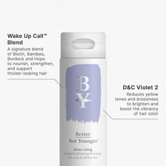 Better Not Younger Silver Lining after-wash shine enhances gray hair's natural brilliance.