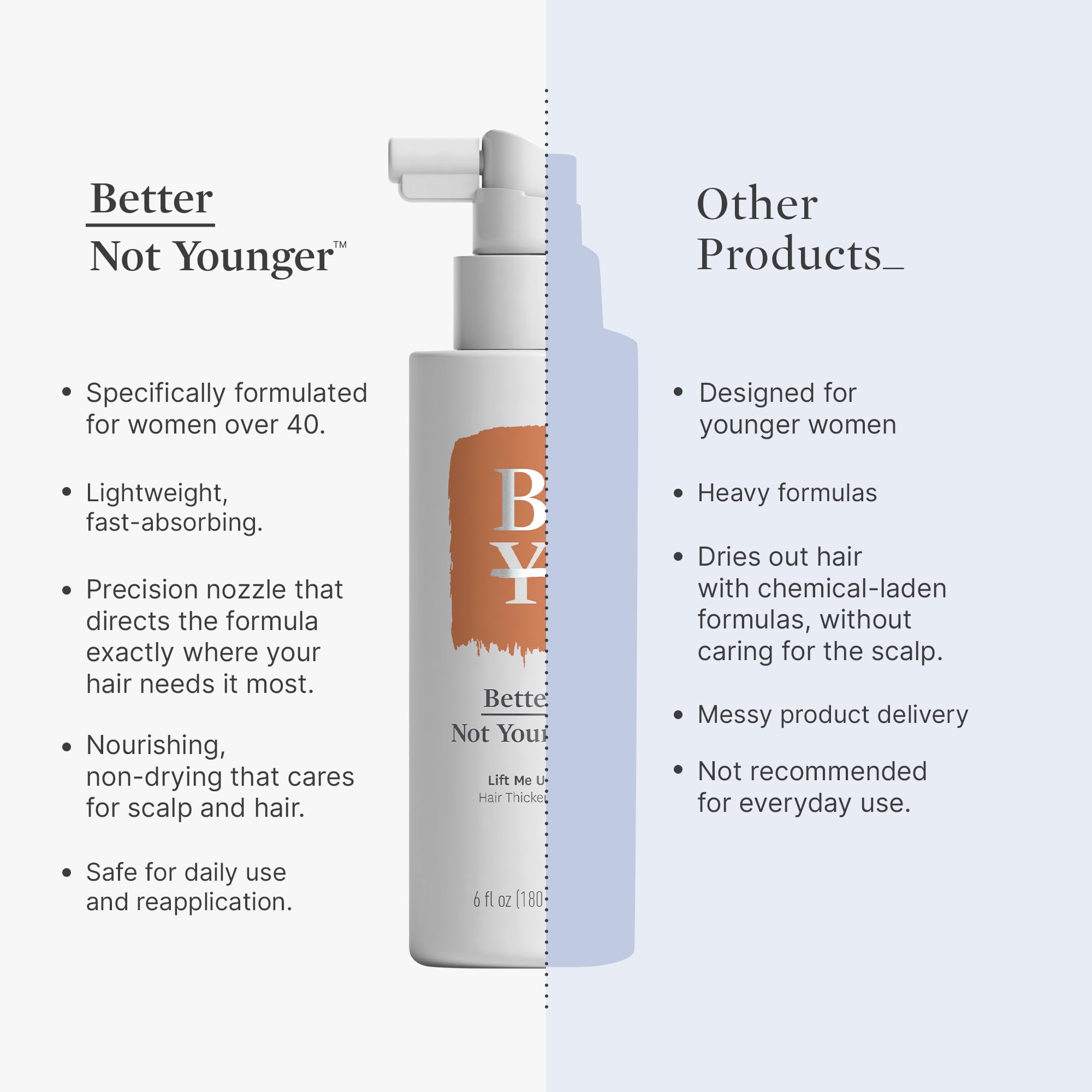 Better Not Younger volume boost for dry hair creating visible fullness.