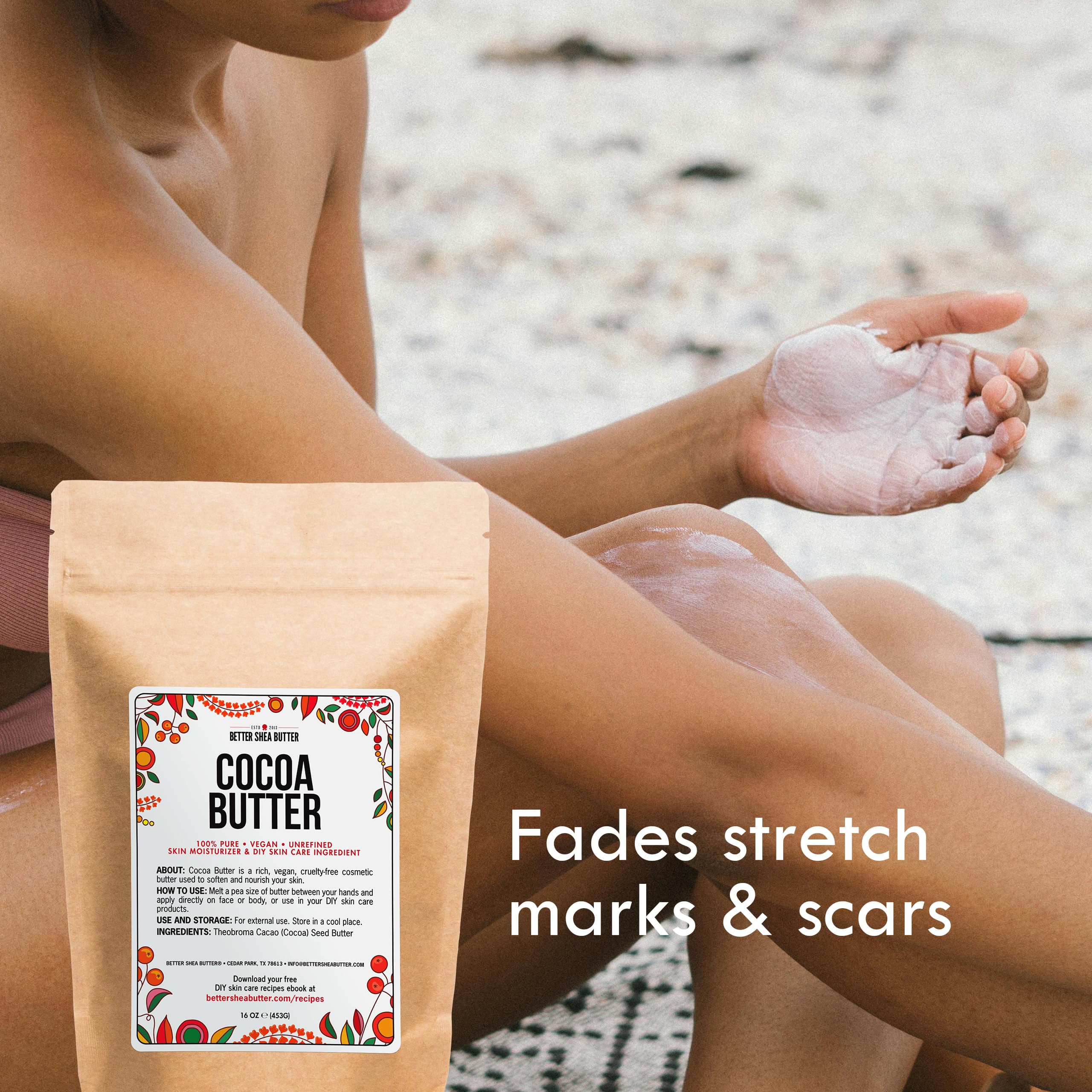 Cocoa butter melts on contact for smooth skin absorption.
