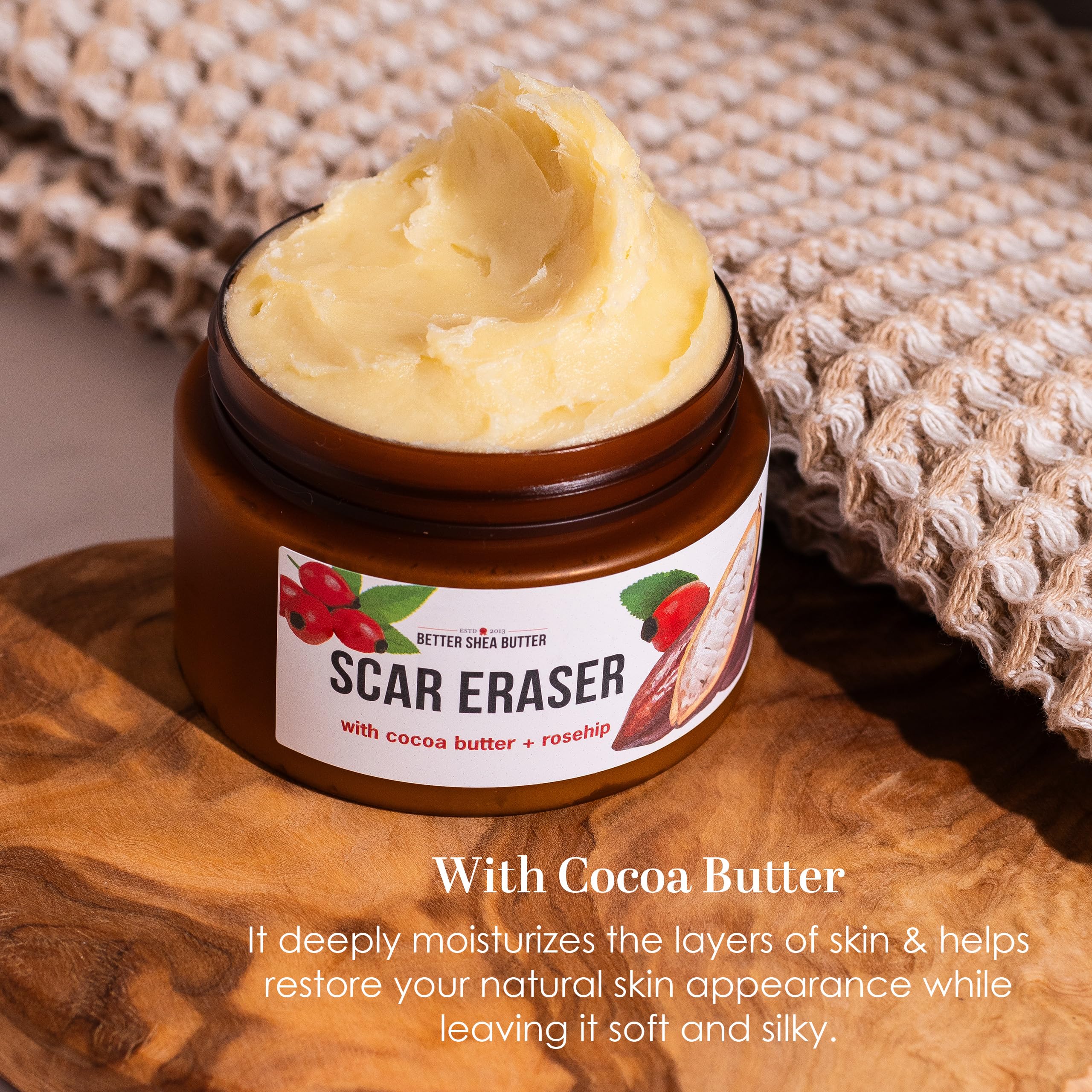 Cream swirl of Better Shea Butter Scar Eraser Balm highlighting cocoa butter formula