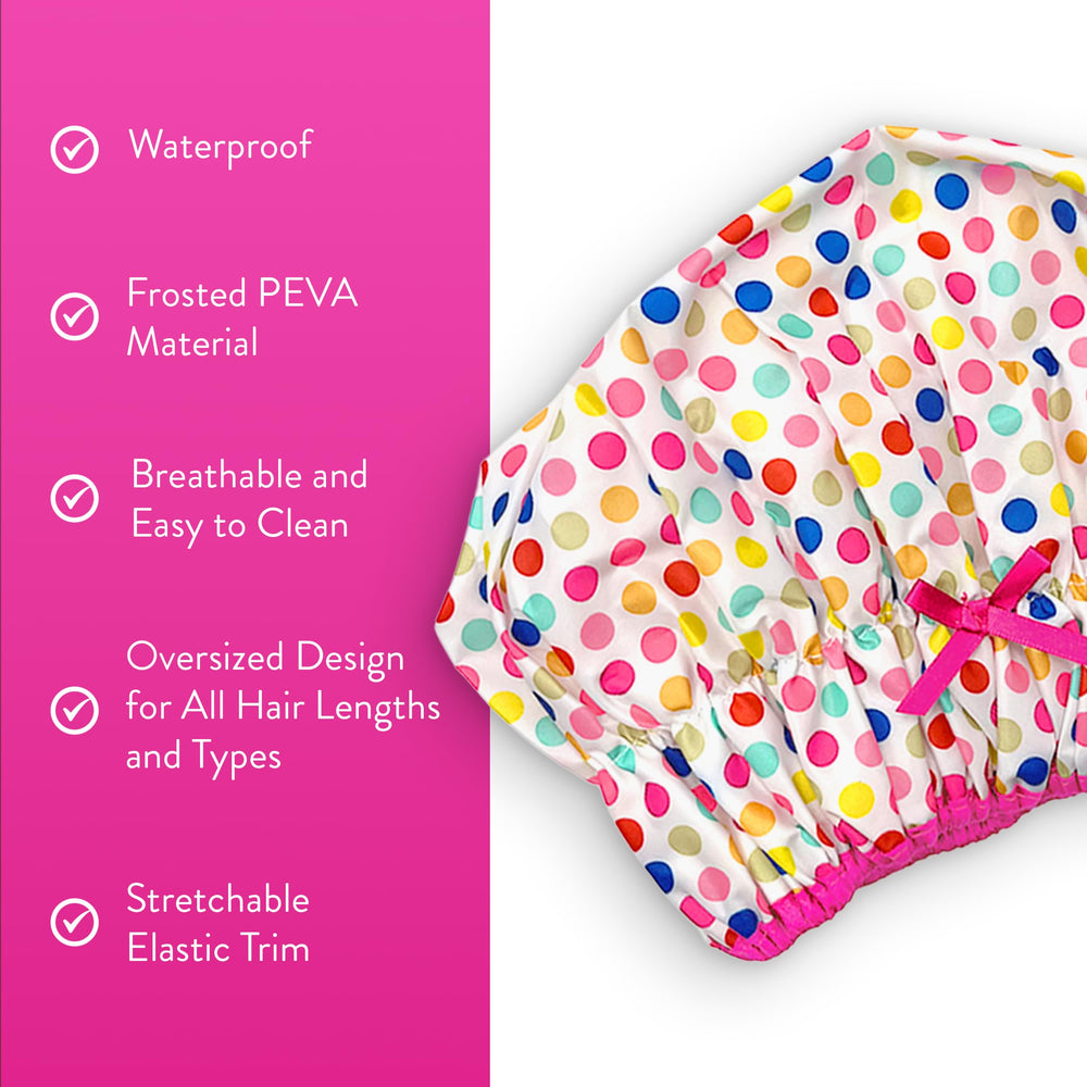 Betty Dain Fashionista Deco Dots shower cap back view covers all hair lengths.