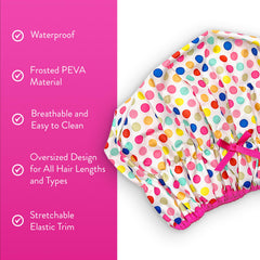 Betty Dain Fashionista Deco Dots shower cap back view covers all hair lengths.