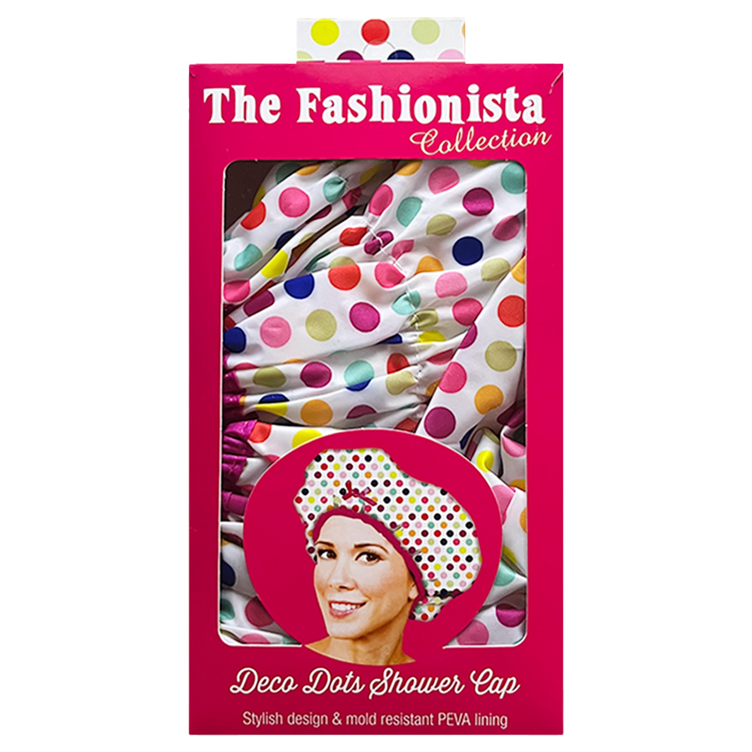 Betty Dain Fashionista Deco Dots shower cap close detail shows rouching trim.