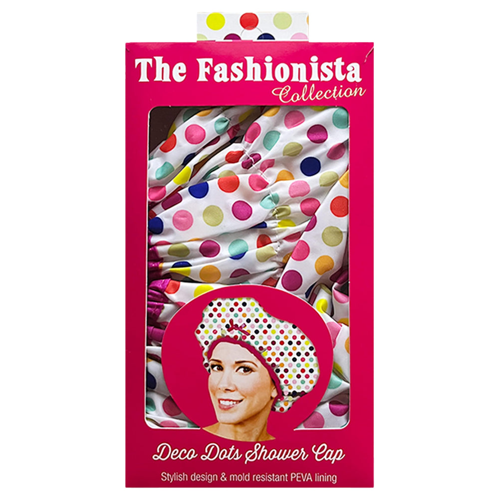 Betty Dain Fashionista Deco Dots shower cap close detail shows rouching trim.