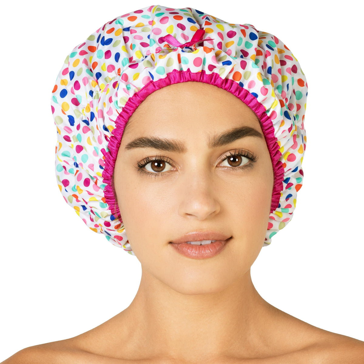 Betty Dain Fashionista Deco Dots shower cap front view protects hair from splashes.