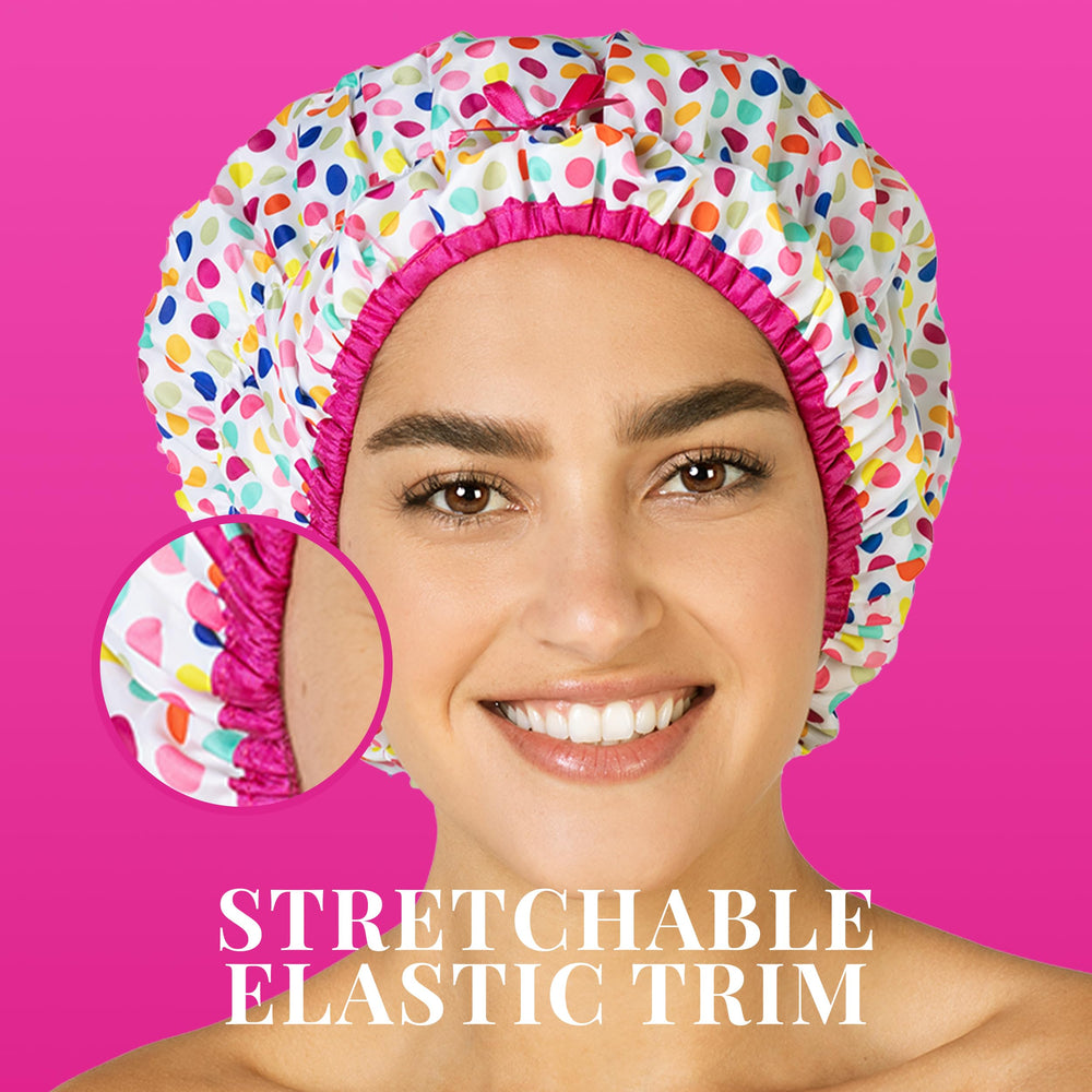 Betty Dain Fashionista Deco Dots shower cap in shower showcases waterproof design.