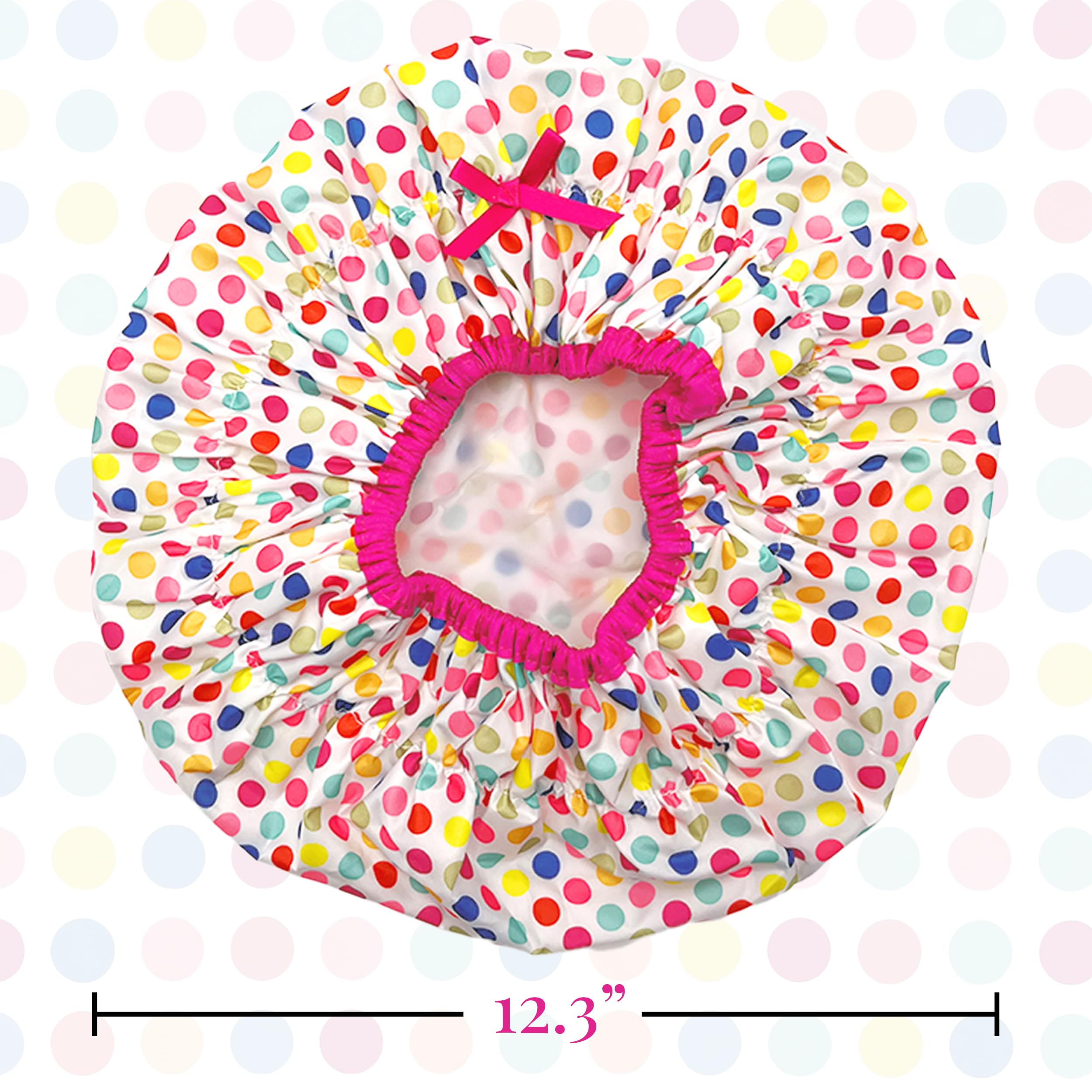 Betty Dain Fashionista Deco Dots shower cap on hair keeps styles dry.