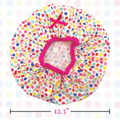 Betty Dain Fashionista Deco Dots shower cap on hair keeps styles dry.