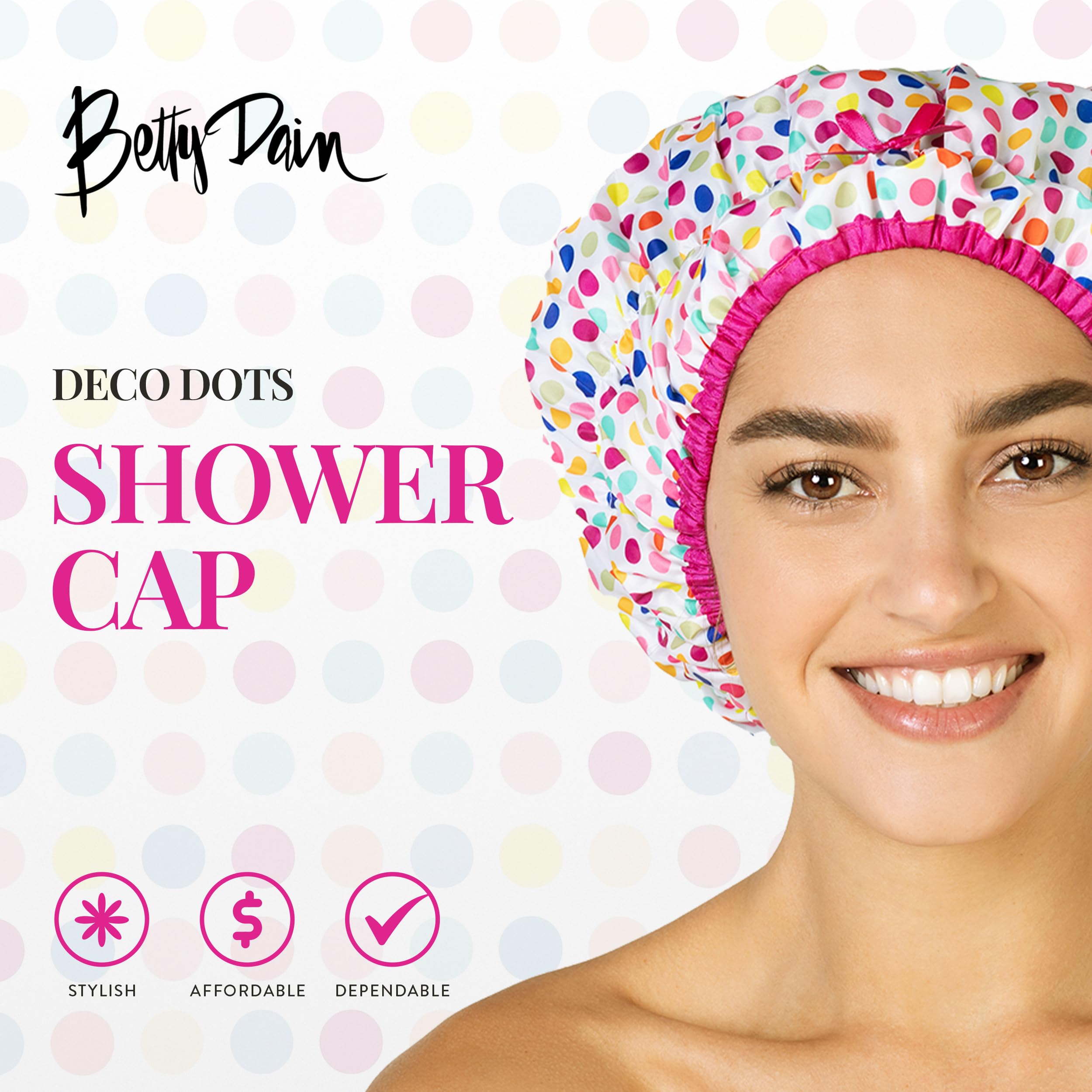 Betty Dain Fashionista Deco Dots shower cap side view fits comfortably while showering.