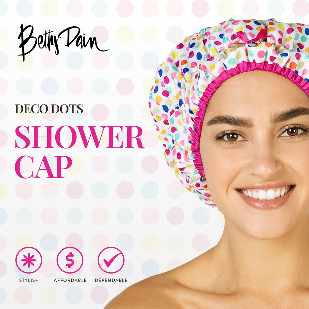 Betty Dain Fashionista Deco Dots shower cap side view fits comfortably while showering.