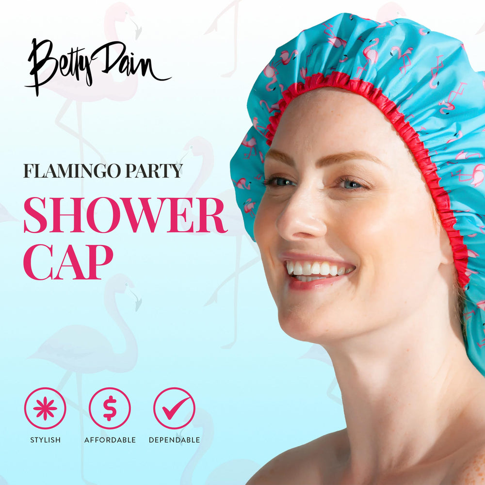 Betty Dain Fashionista Flamingo Cap on head demonstrates oversized coverage for all hair lengths.