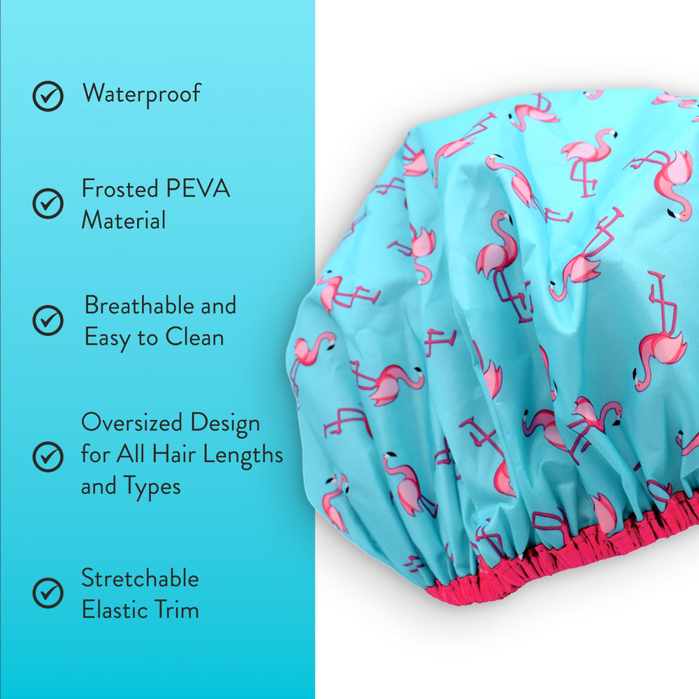 Betty Dain Fashionista Flamingo Cap waterproof fabric keeps hair dry during showers.