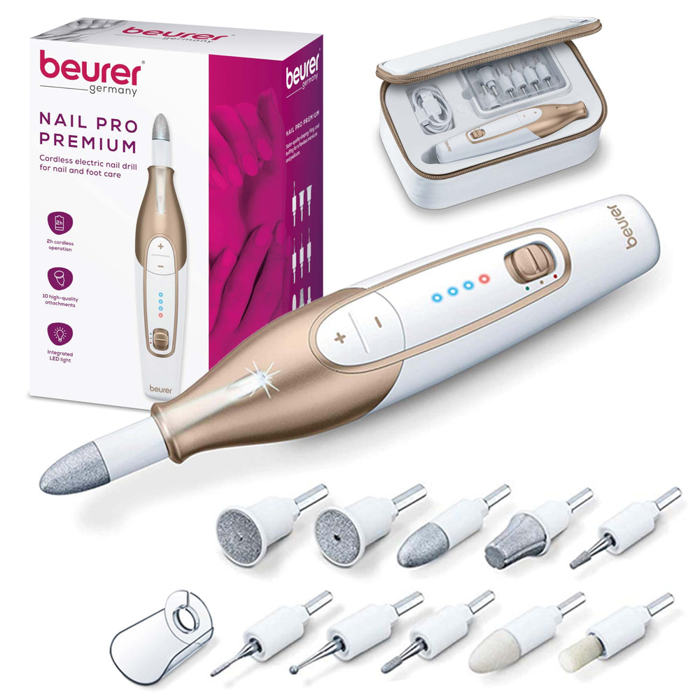 Beurer MP64 cordless nail drill in use for precise filing on natural nails.