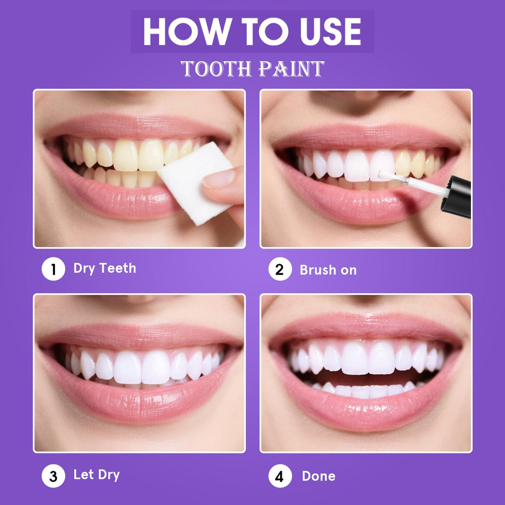 BEUSELF White Tooth Paint before-after demonstrates transformation under lights.