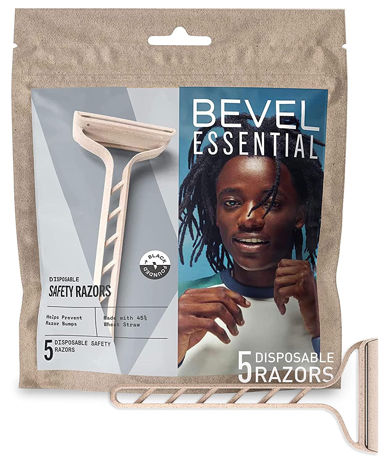 Bevel Essentials disposable razor pack front, travel-ready and compact for busy mornings.