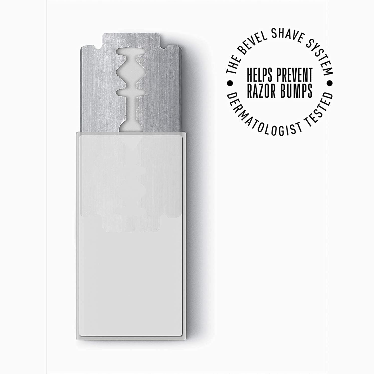 Bevel replaceable blade system compatibility shown with a standard razor.