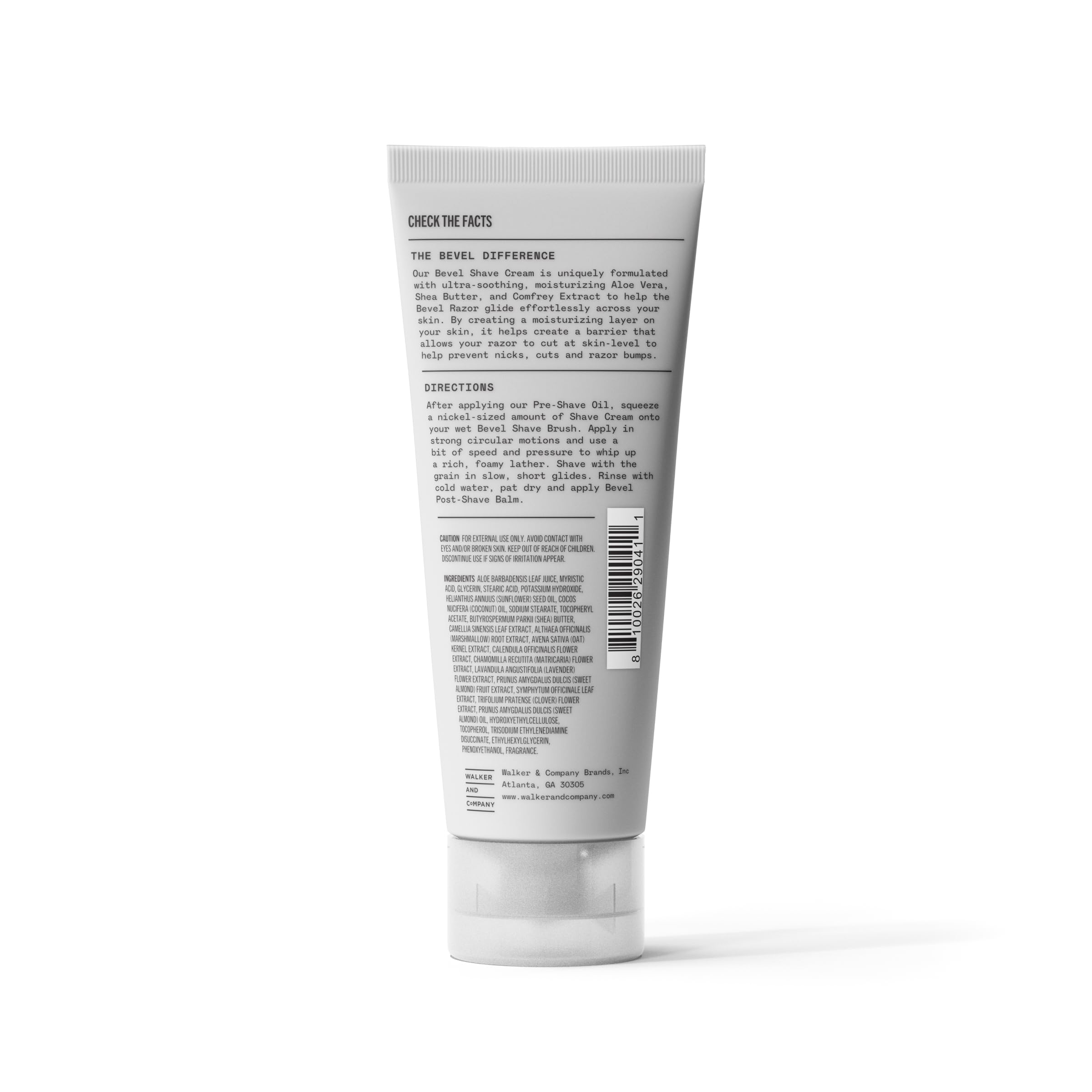 Bevel Shaving Cream close-up highlighting Aloe Vera and Shea Butter ingredients.