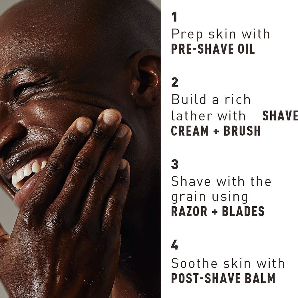 Bevel restoring balm soothes skin after shaving.