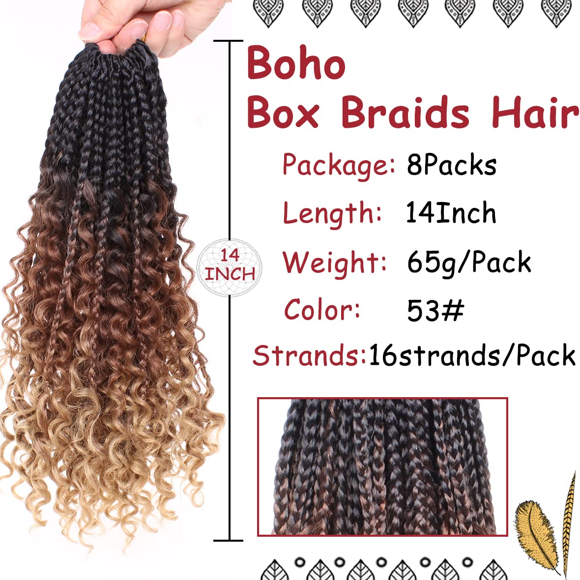 Beverlee 14-inch boho braids pack layout highlights easy installation and full head coverage.