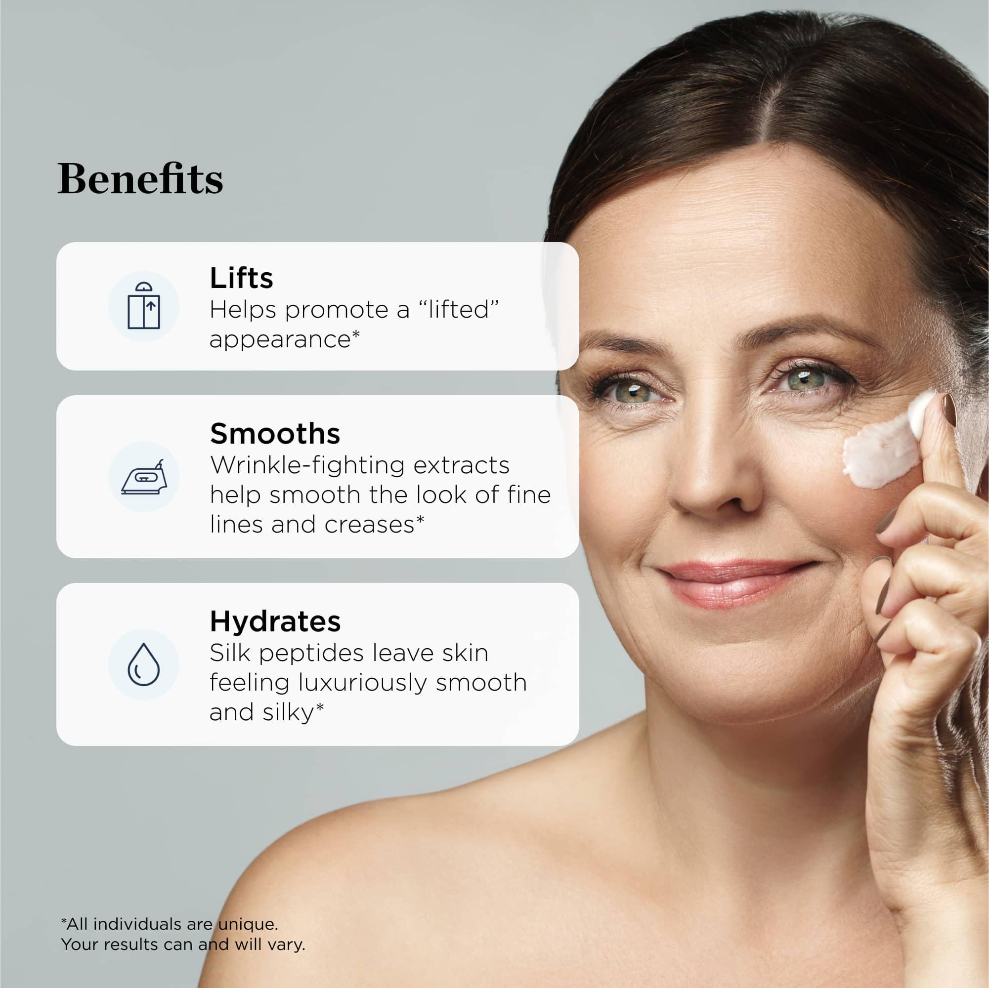 Applying Beverly Hills MD Lift + Firm Cream texture on skin