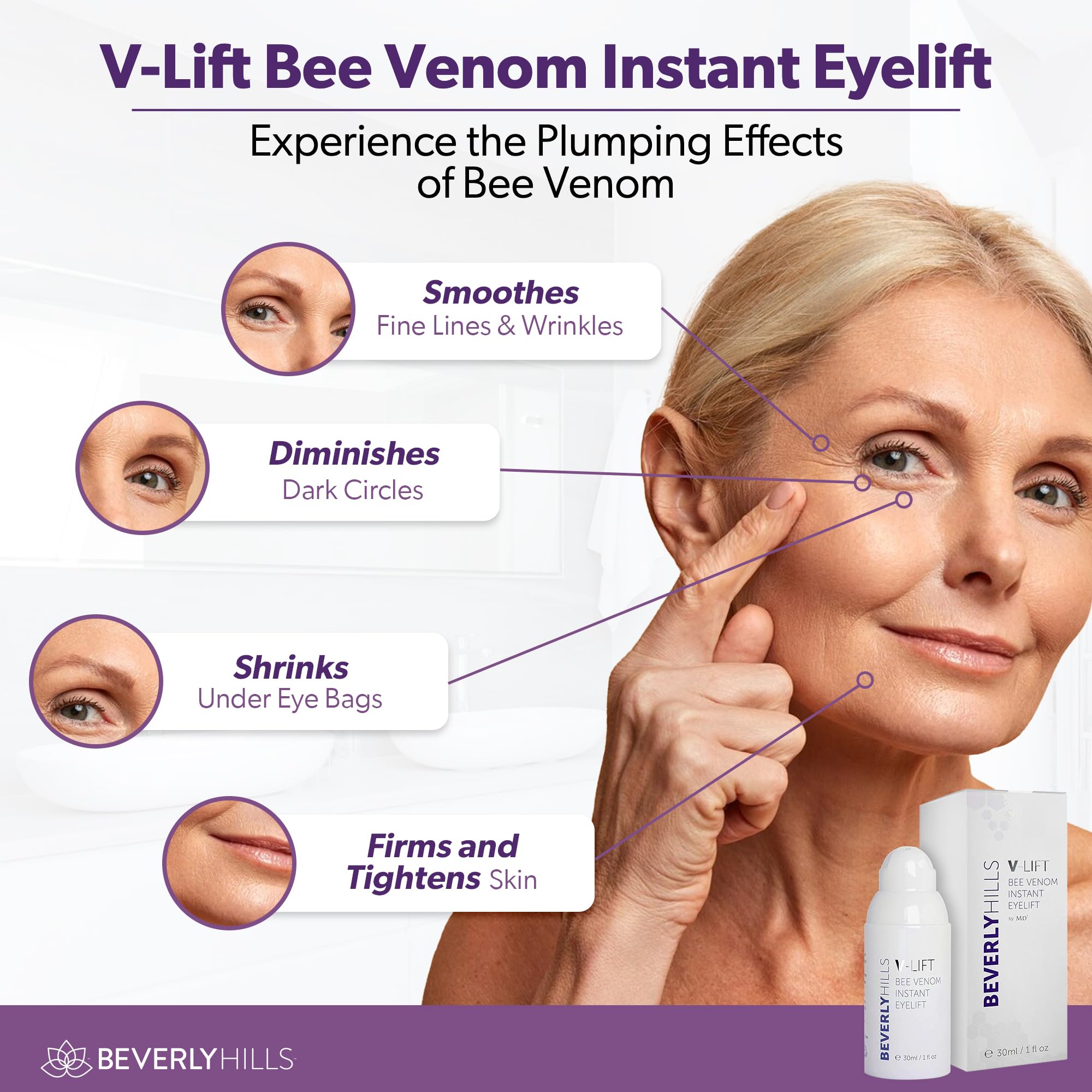 BEVERLY HILLS V-Lift dropper applying serum to the eye area.