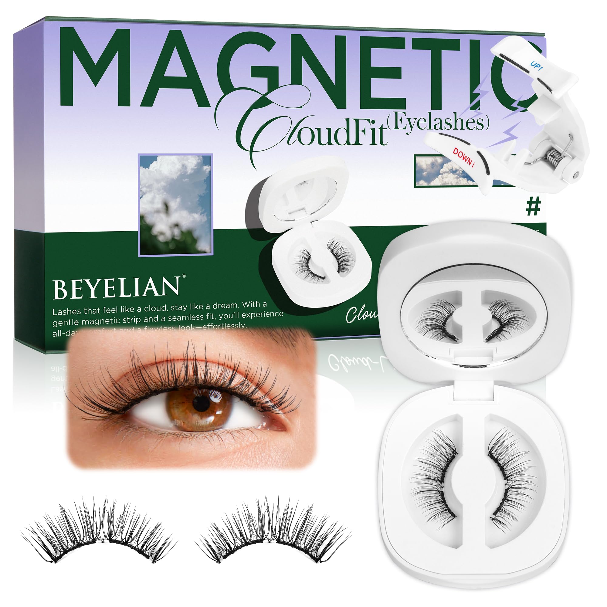 BEYELIAN magnetic eyelashes with applicator kit close-up showing soft strips for comfortable wear.