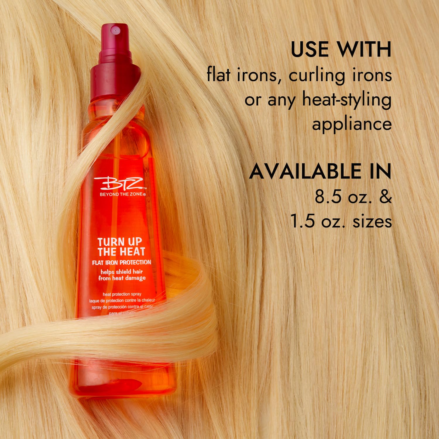 Beyond The Zone Turn Up The Heat Protection Spray bag-ready design supports on-the-go heat protection.
