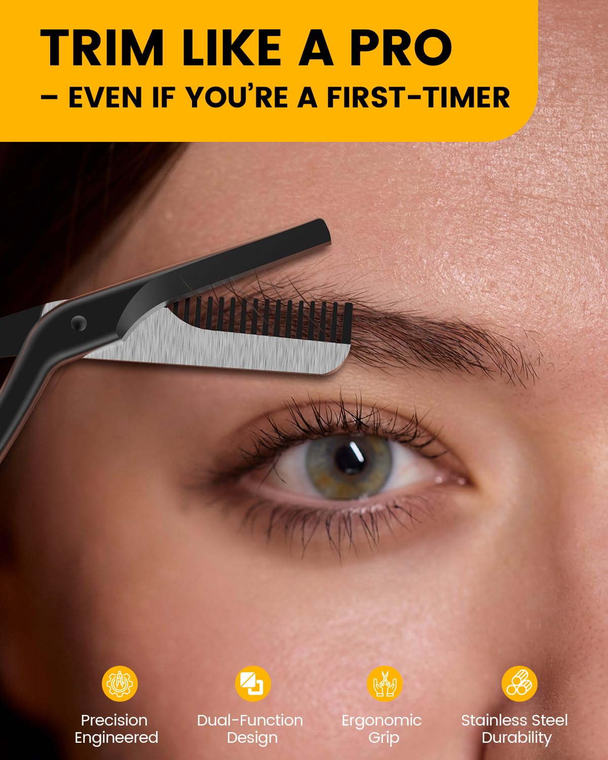 BEZOX eyebrow scissors with comb blade closeup highlights sharp, clean cuts.