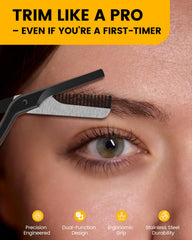 BEZOX eyebrow scissors with comb blade closeup highlights sharp, clean cuts.