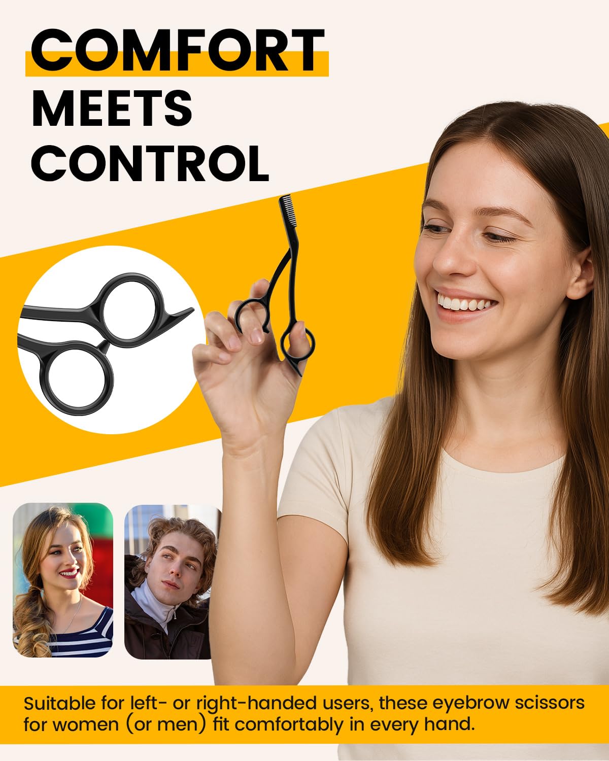 BEZOX eyebrow scissors with comb in-use illustrating smooth, controlled snips.