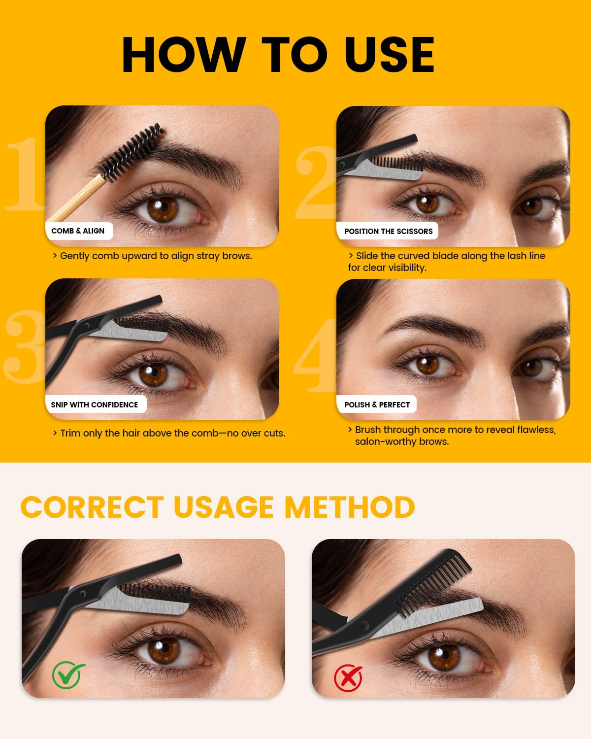 BEZOX eyebrow scissors with comb suitable for left- and right-handed users.