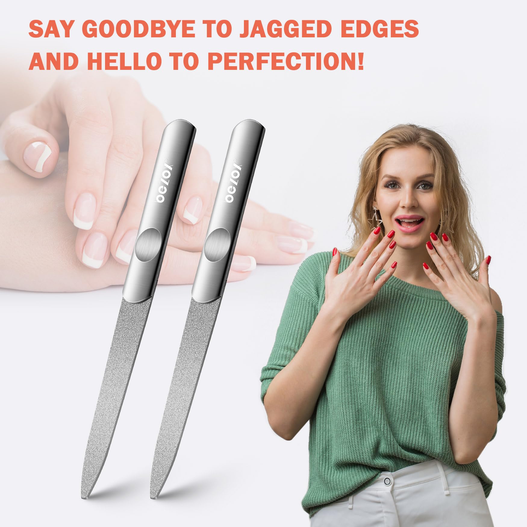 BEZOX nail files closeup with anti-slip handles for secure control.
