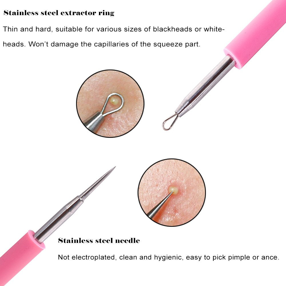BEZOX acne removal needle tip closeup, precise stainless steel point for controlled extraction.