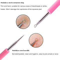 BEZOX acne removal needle tip closeup, precise stainless steel point for controlled extraction.