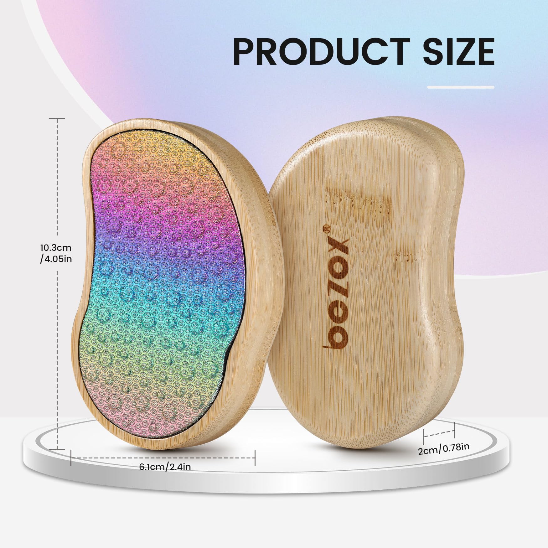 BEZOX rainbow finish foot care tool on a clean bathroom counter