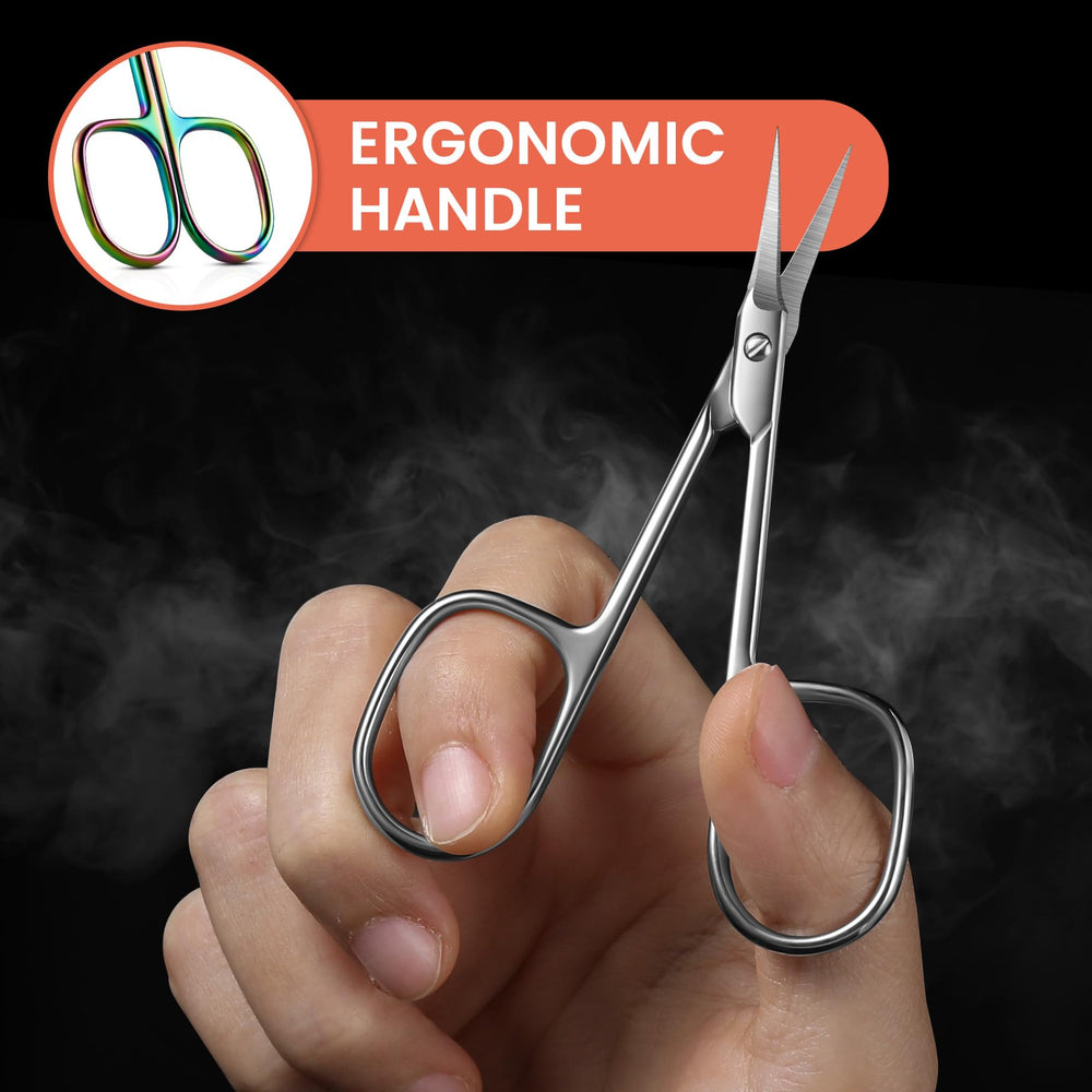 BEZOX silver-curved scissors are compact for on-the-go cuticle maintenance.