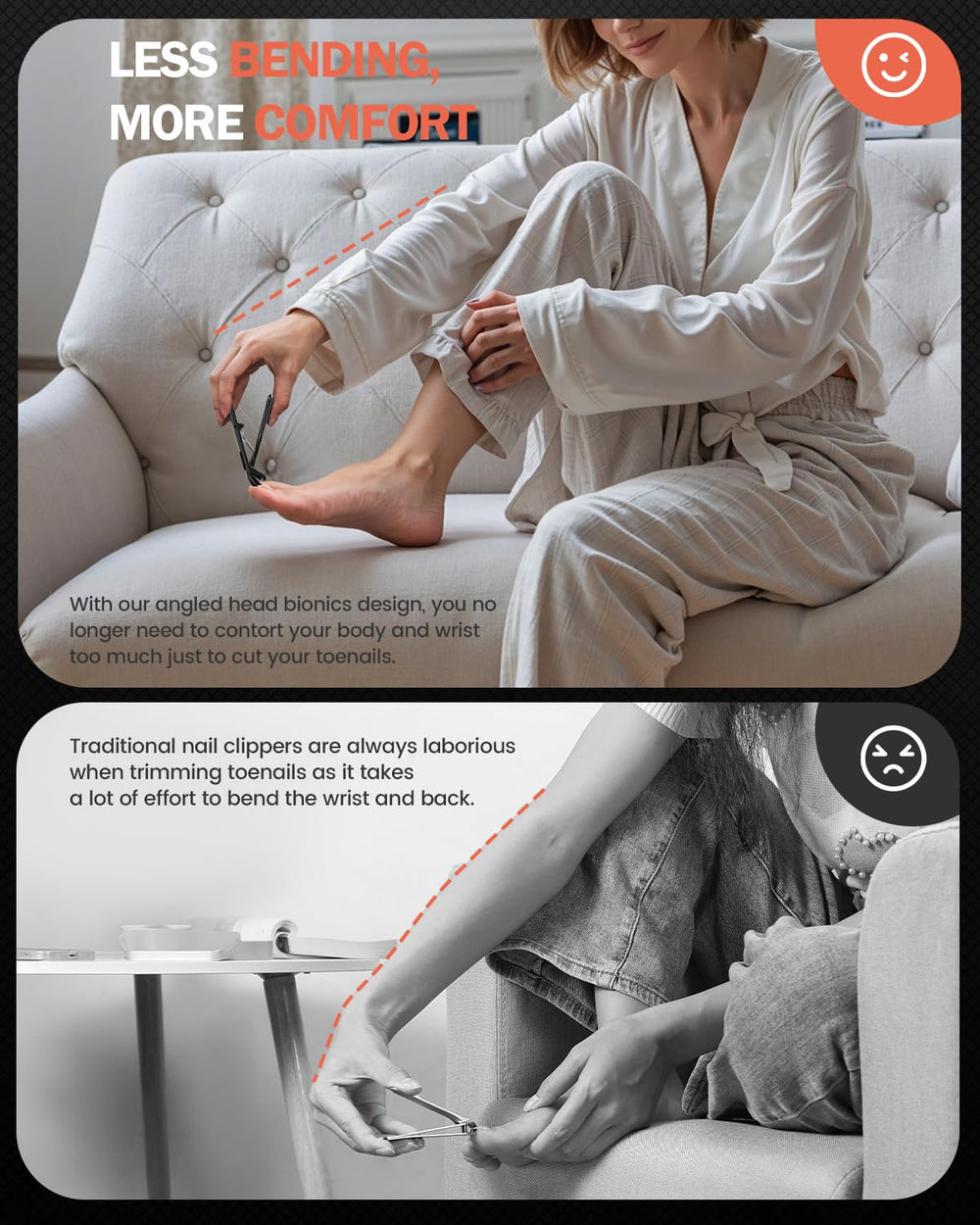 BEZOX long-handle clippers ease reaching nails without bending.