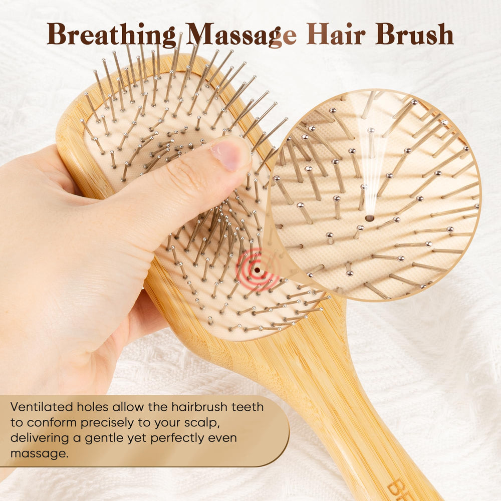 BFWood bamboo brush featuring steel bristles for detangling and scalp massage