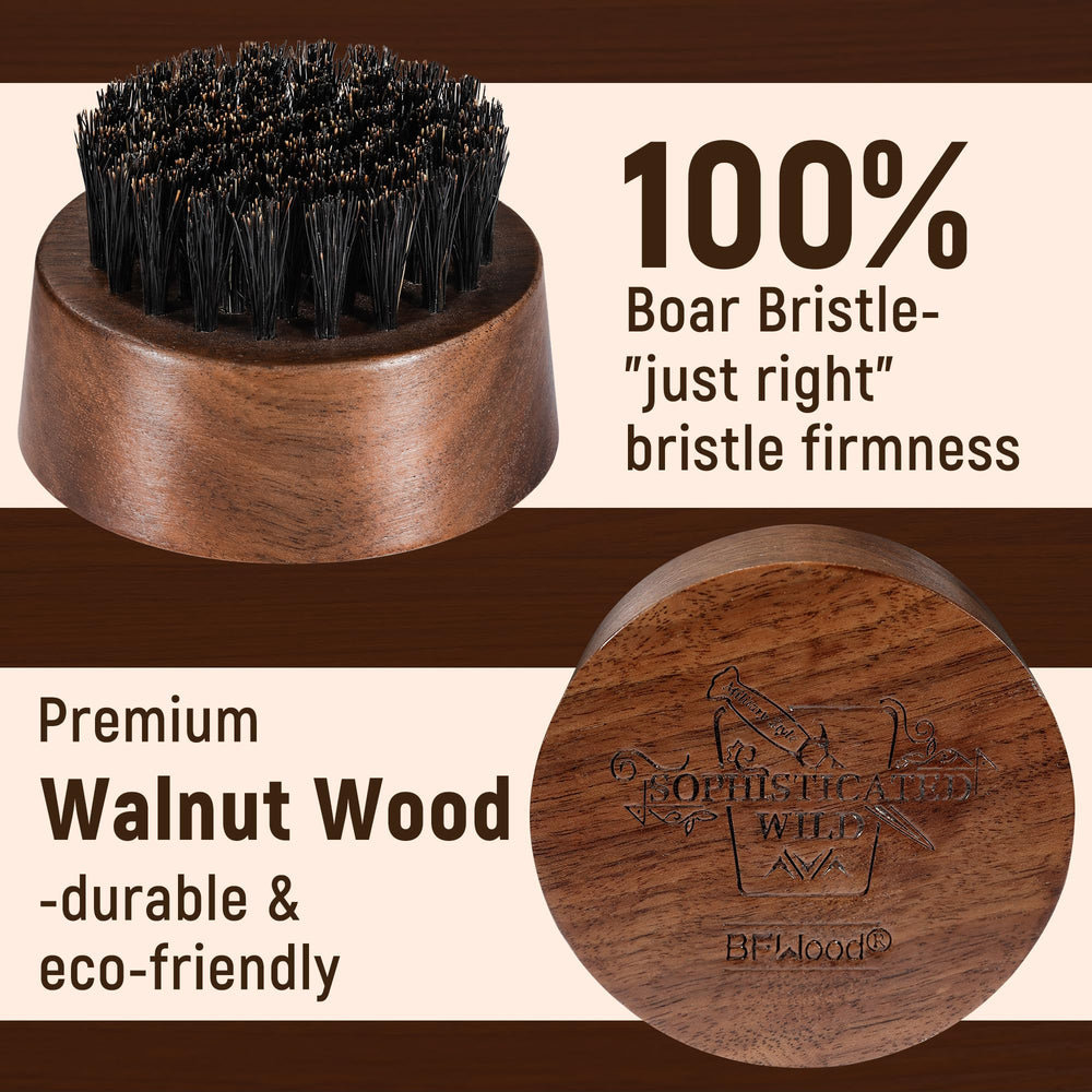 BFWood beard brush black walnut handle with natural texture for secure grip.
