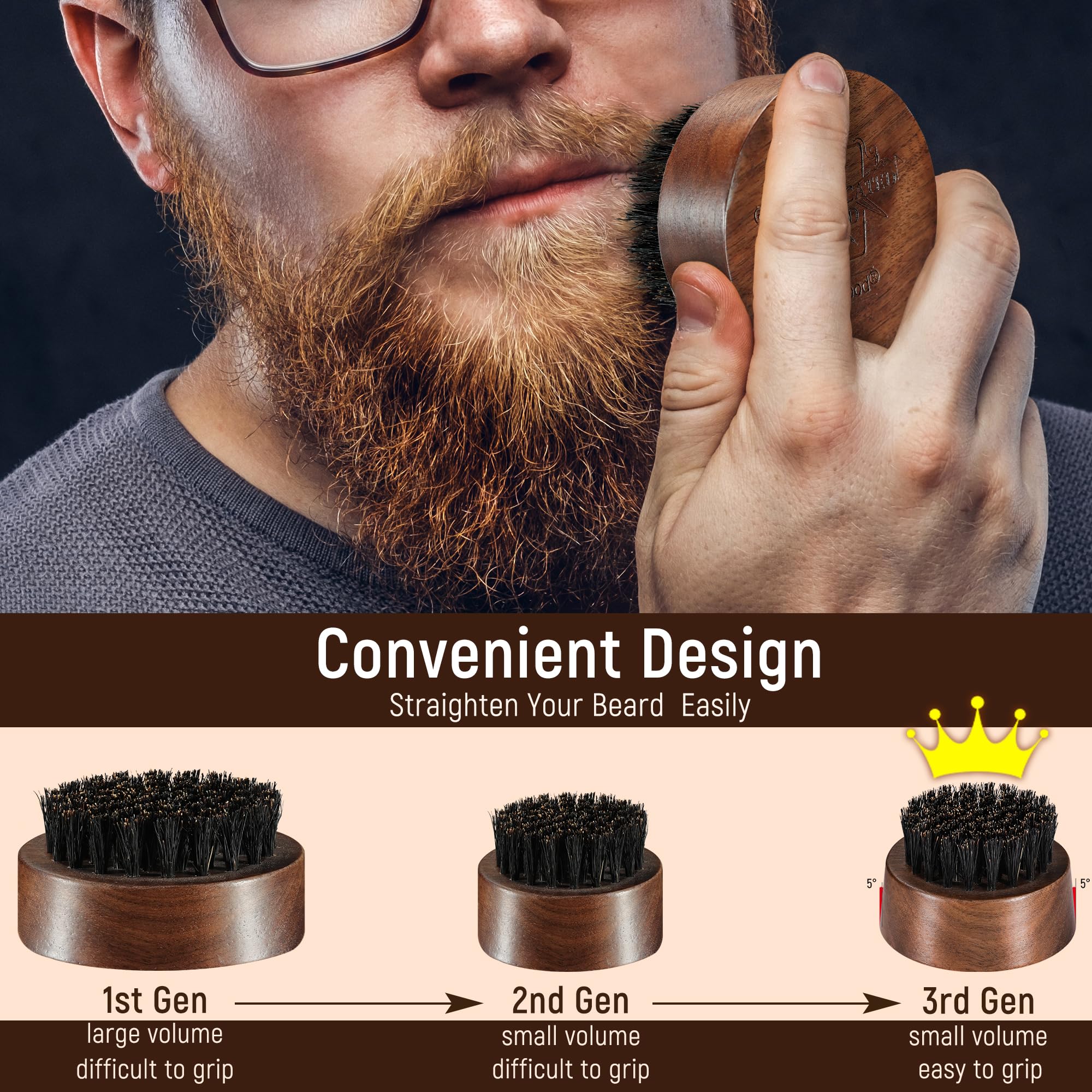 BFWood beard brush ergonomic grip enables controlled brushing.