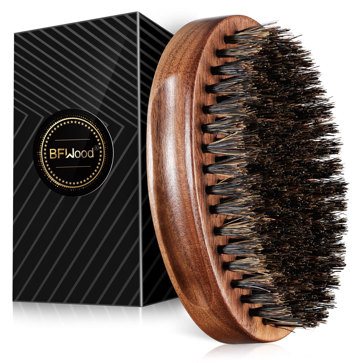 BFWood boar bristle beard brush with black walnut handle for even balm distribution.