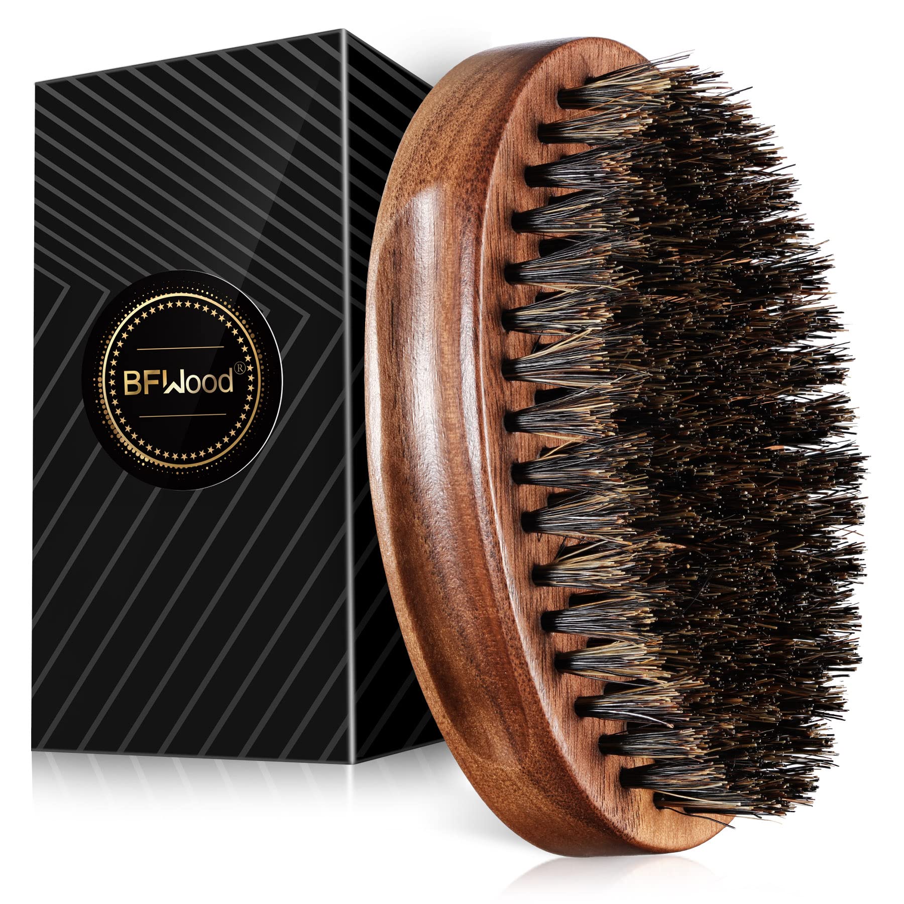 BFWood boar bristle beard brush with black walnut handle for even balm distribution.