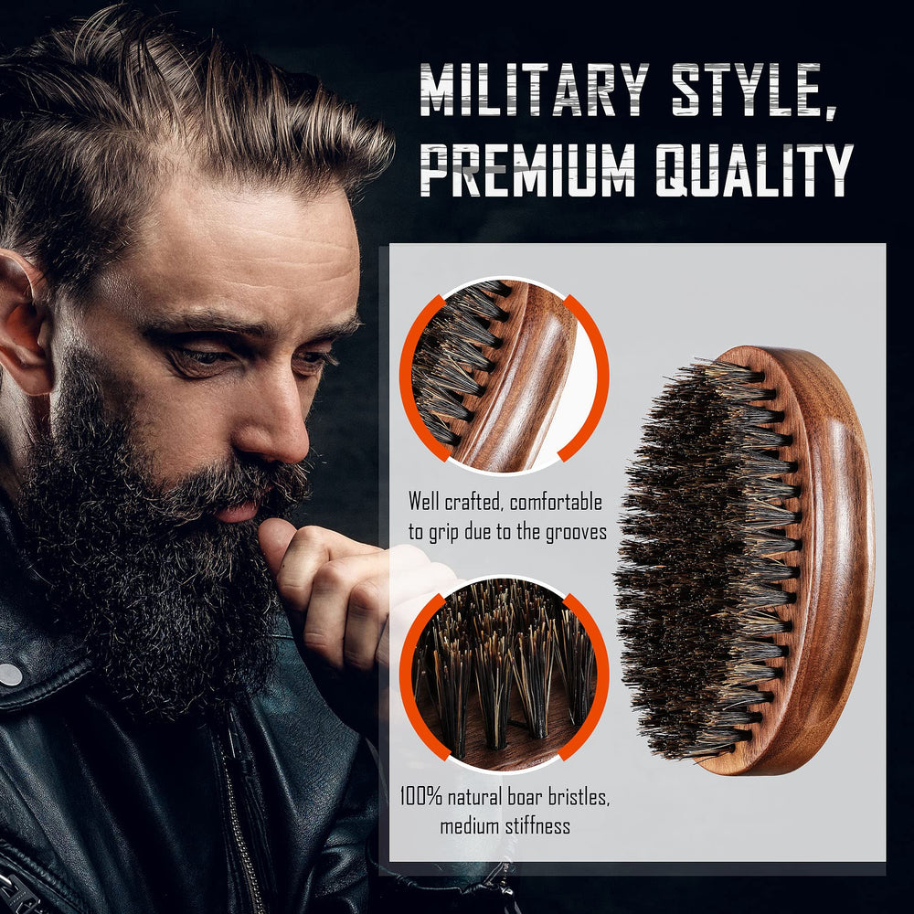 BFWood close-up shows natural boar bristles for smoothing beard.