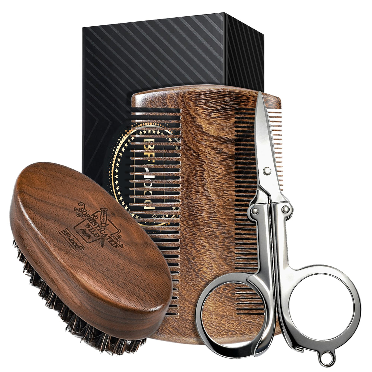 BFWood beard brush with boar bristles for smooth styling and even oil distribution.