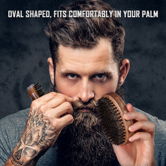 BFWood military-style beard brush enhances rugged grooming routine.