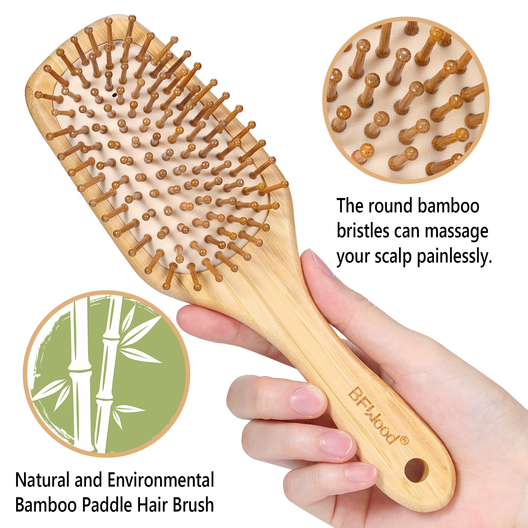 bfwood rounded wood bristles detail shows gentle scalp massage.