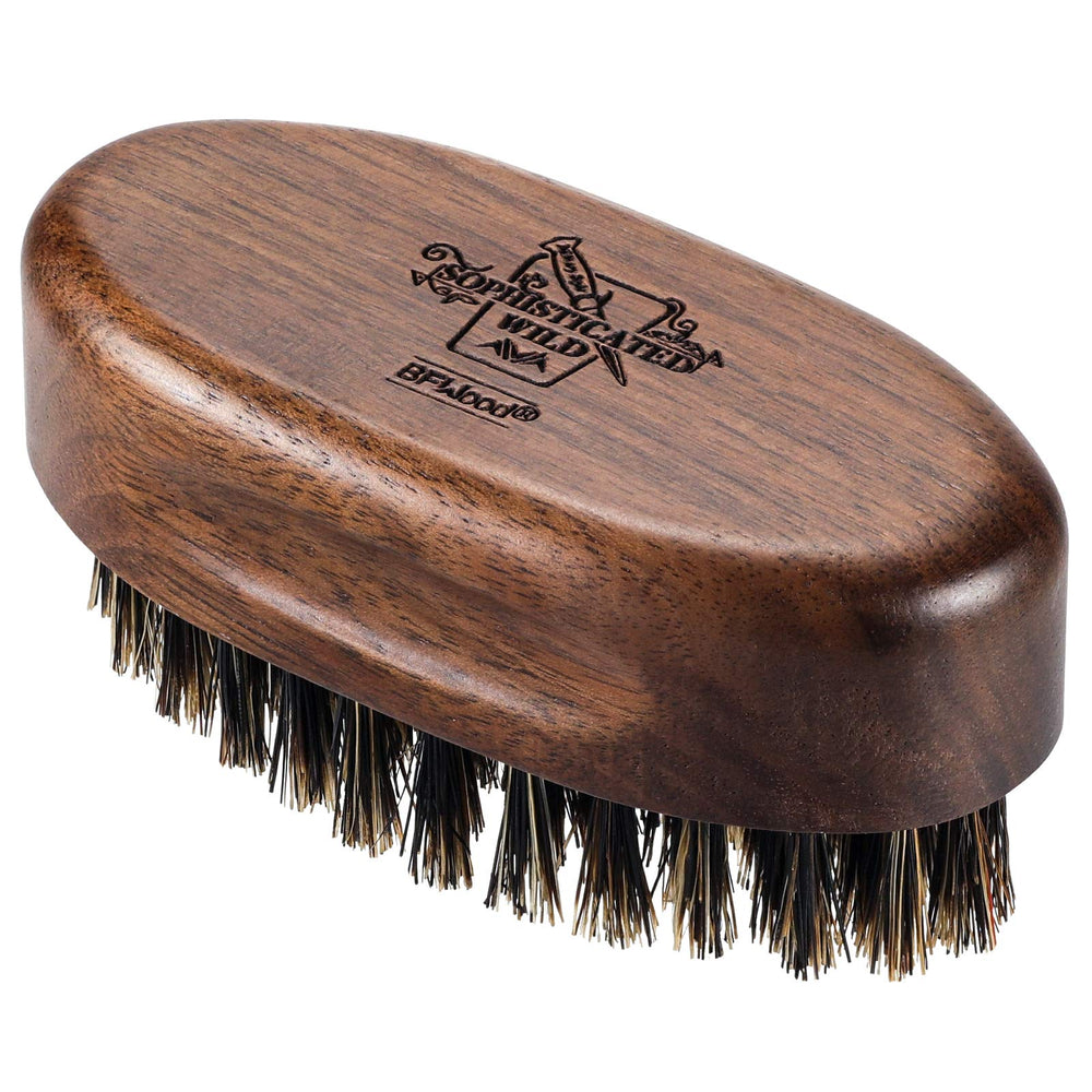 BFWood small travel beard brush with natural boar bristles for on-the-go grooming.
