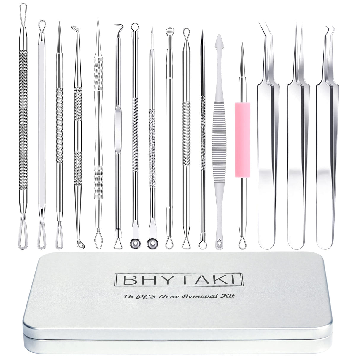 BHYTAKI 16-piece blackhead remover kit in a metal box for organized skincare.
